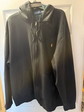 Ralph Lauren Black Zip-Up Hoodie with Gold Pony Embroidery tartan hood.